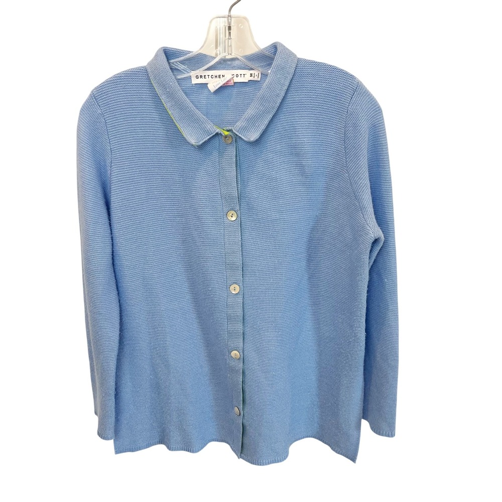 Gretchen Scott Blue Knit Button Up Cardigan‎ Sweater Top Collared Size Medium